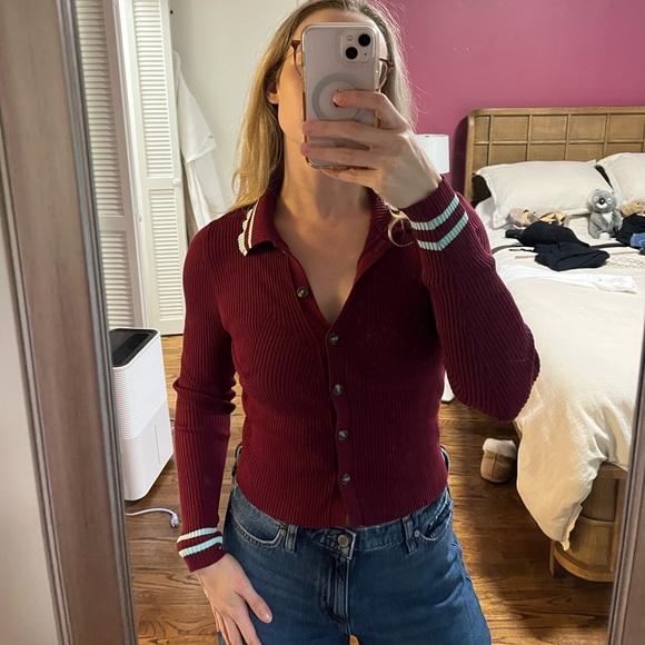 ANTHRO MAEVE Plunging Long-Sleeve Polo Cardigan Burgundy Baby Blue Ribbed Small - Picture 8 of 17